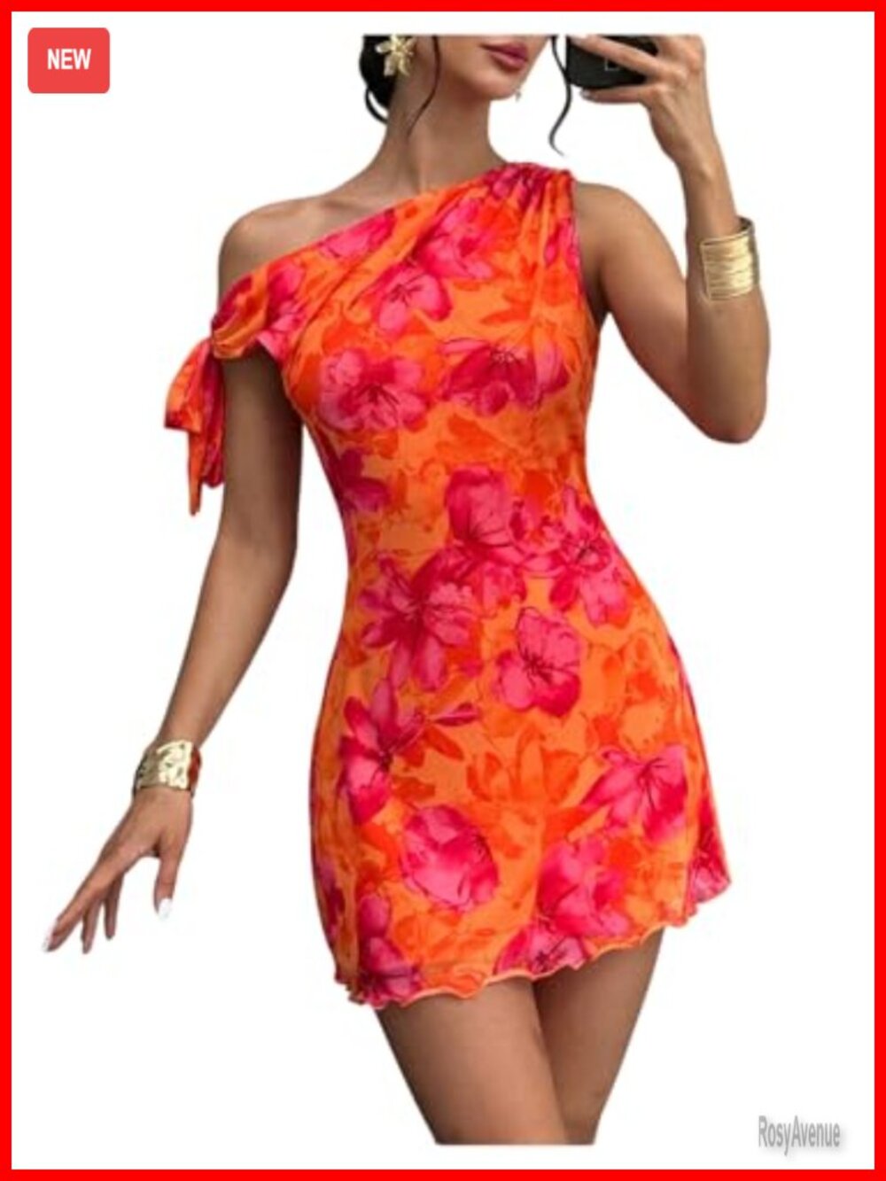One Shoulder Floral Bodycon Mini Dress Asymmetric Sleeveless Cocktail Party